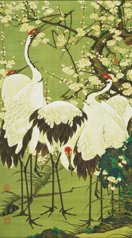 Cranes in Peach Blossoms by Japanese Artist Ito Jakuchu Counted Cross Stitch Pattern