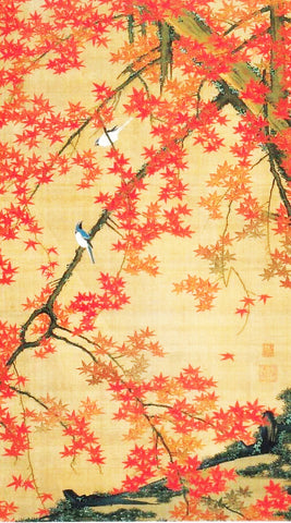 Blue Birds in Maple Leaves by Japanese Artist Ito Jakuchu Counted Cross Stitch Pattern