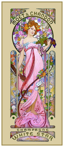 18 Grid/Count Moet Chandon Pink Gown by Alphonse Mucha Counted Cross Stitch Pattern