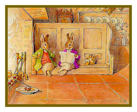 Bunny Rabbit Family Relax by the Fire inspired by Beatrix Potter Counted Cross Stitch Pattern