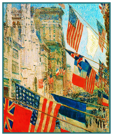 Flags Allies Day May 1917 by American Impressionist Painter Childe Hassam Counted Cross Stitch Pattern