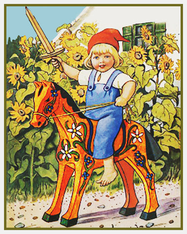 Child Riding Dala Horse by Swedish Artist Jenny Nystrom Counted Cross Stitch Pattern