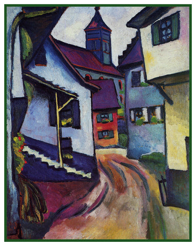 Bavarian Street with a Chuch by Expressionist Artist August Macke Counted Cross Stitch Pattern