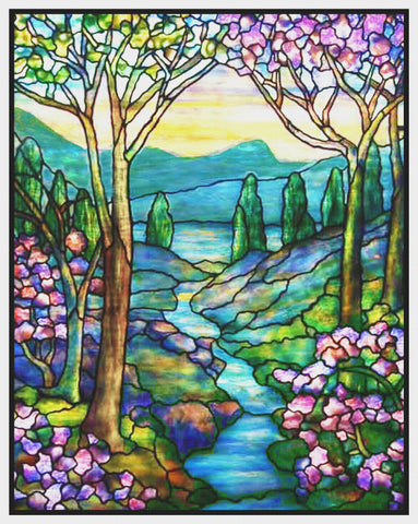 Mountain and Stream Landscape detail inspired by Louis Comfort Tiffany  Counted Cross Stitch Pattern DIGITAL DOWNLOAD