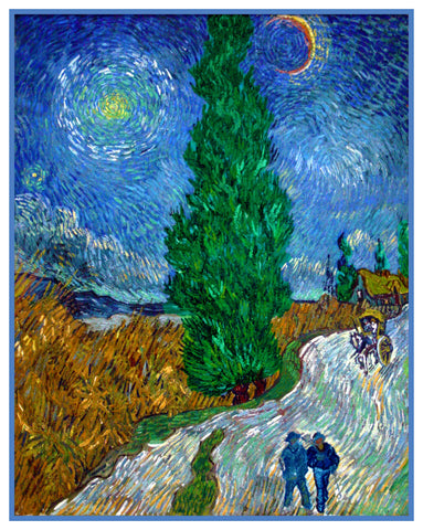 Road with Cypress and Star inspired by Impressionist Vincent Van Gogh's Painting Counted Cross Stitch Pattern DIGITAL DOWNLOAD