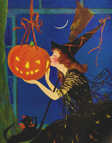 Halloween Vintage Witch Kissing Pumpkin Counted Cross Stitch Pattern