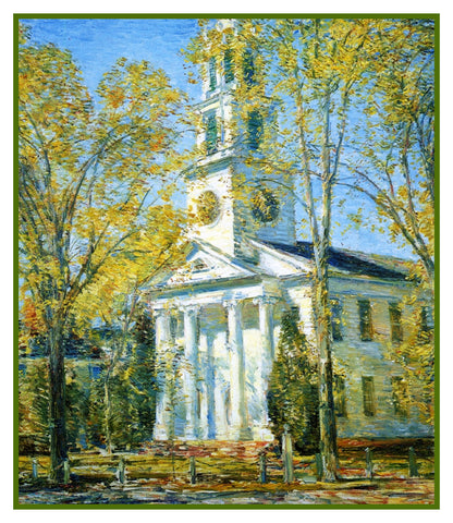Church in Spring in Old Lyme Connecticut by American Impressionist Painter Childe Hassam Counted Cross Stitch Pattern