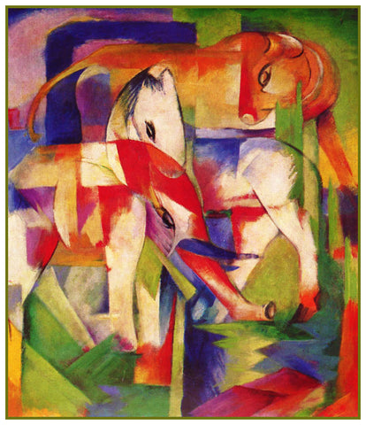 Elephant Cow and Horse in Winter by Expressionist Artist Franz Marc Counted Cross Stitch Pattern