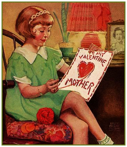 Vintage Jessie Willcox Smith's Girl Stitching Valentine to Mom Counted Cross Stitch Pattern
