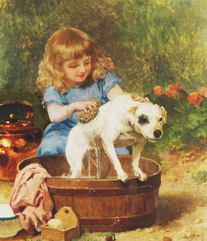 Young Girl Washing Her Dog by Louis Marie De Schryver Counted Cross Stitch Pattern