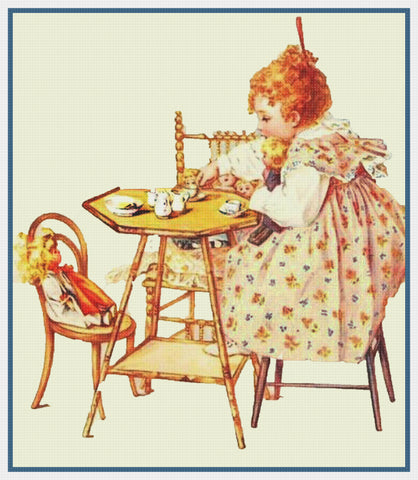 A Child's Teaparty with Dolls by Maud Humphrey Bogart Counted Cross Stitch Pattern