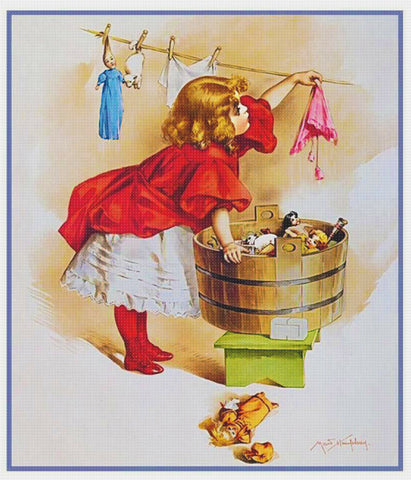 Young Girl Washing her Dolls Clothes by Maud Humphrey Bogart Counted Cross Stitch Pattern