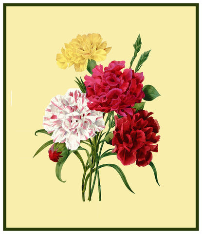 Bouquet of Carnation Flowers Inspired by Pierre-Joseph Redoute Counted Cross Stitch Pattern