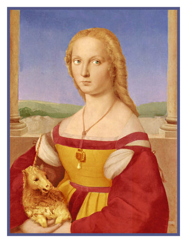 Young Woman with an Unicorn By Renaissance Painter Raphael Counted Cross Stitch Pattern