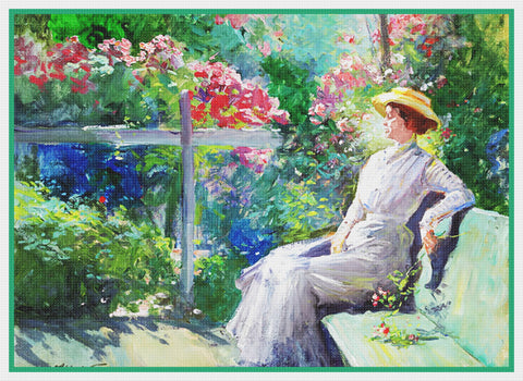 Enjoying Rose Garden By  Abbott Fuller Graves Counted Cross Stitch Pattern DIGITAL DOWNLOAD