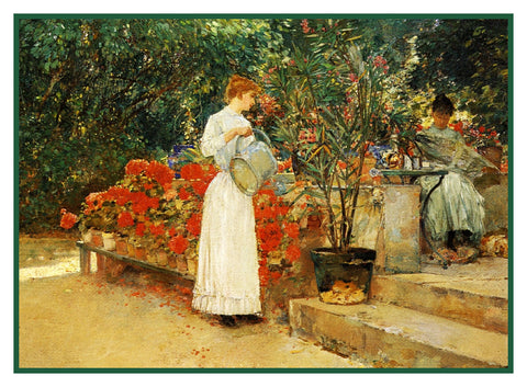 In The Garden After Breakfast by American Impressionist Painter Childe Hassam Counted Cross Stitch Pattern