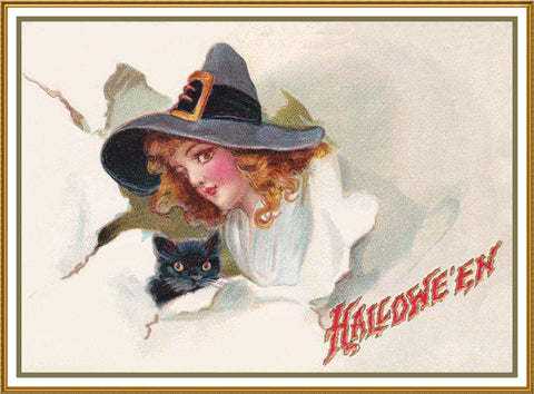 Vintage Halloween Witches Head Black Cat by Frances Brundage Counted Cross Stitch Pattern
