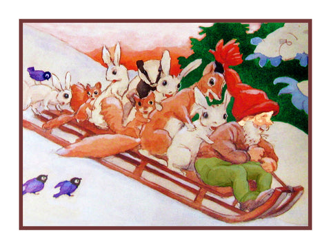 Elves Sledding with Forest Animals Holiday Christmas by Rudolf Koivu Counted Cross Stitch Pattern DIGITAL DOWNLOAD