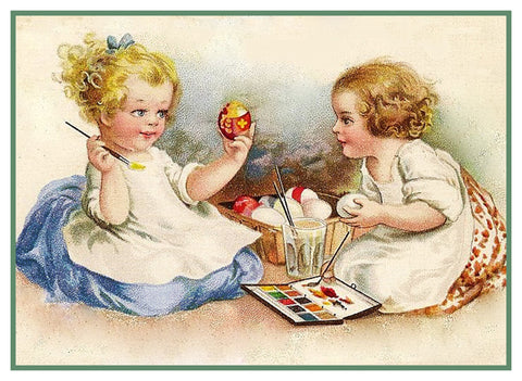 Vintage Easter 2 Girls Painting Easter Eggs Counted Cross Stitch Pattern DIGITAL DOWNLOAD