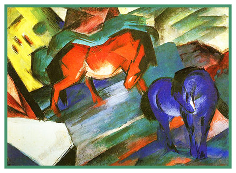 A Red and a Blue Horse by Expressionist Artist Franz Marc Counted Cross Stitch Pattern