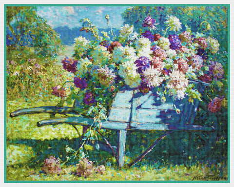 Garden Wheelbarrow Flowers By  Abbott Fuller Graves Counted Cross Stitch Pattern