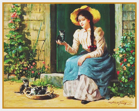 Girl with Basket Kittens  By  Abbott Fuller Graves Counted Cross Stitch Pattern