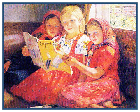 3 Girls Reading By Nikolay Bogdanov-Belsky Counted Cross Stitch Pattern