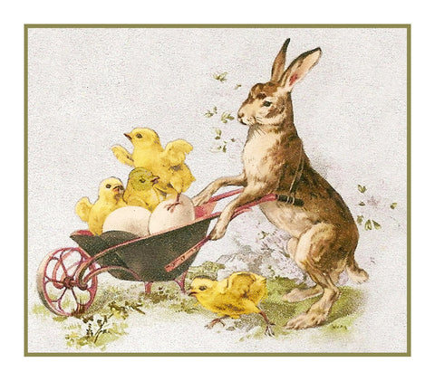 Vintage Easter Bunny with Baby Chicks in a Wheelbarrow Counted Cross Stitch Pattern