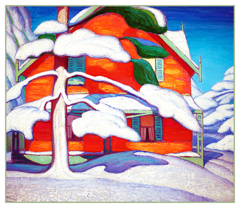 Lawren Harris's Tree and Red House Winter City Canada Landscape Counted Cross Stitch Pattern