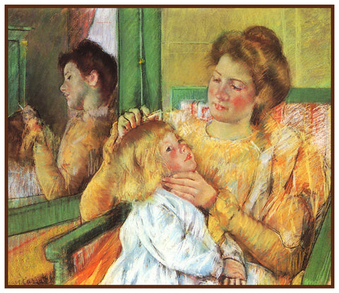 Mother Combing Childs Hair by American impressionist artist Mary Cassatt Counted Cross Stitch Pattern