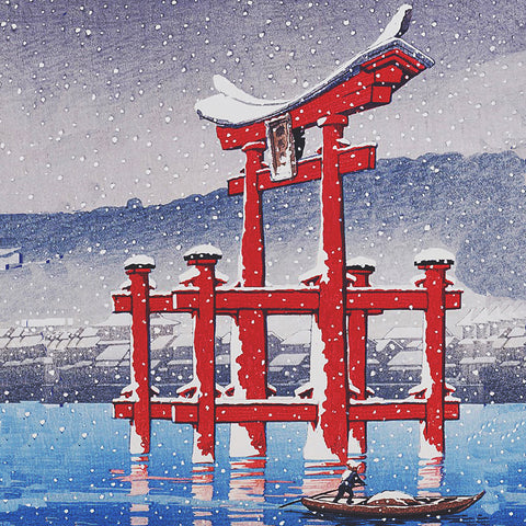 Boat in Snow Miyajima - Square by Japanese artist Kawase Hasui Counted Cross Stitch Pattern