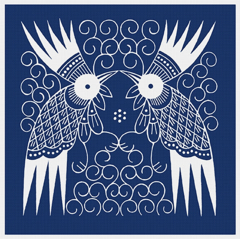 Asian Indigo Batik 2 Parrot Birds Folk Art Design *2 DMC Colors* Counted Cross Stitch Pattern