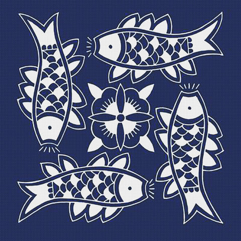 Asian Indigo Batik 4 Following Swimming Fish Folk Art Design *2 DMC Colors* Counted Cross Stitch Pattern