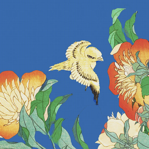 Orenco Originals Hokusai Peony Flower and Bird -Square Design Counted Cross Stitch Pattern