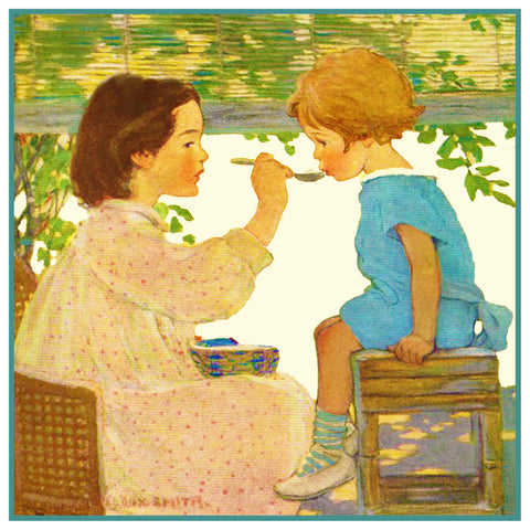 Big Sis Feeds Little Sister By Jessie Willcox Smith Counted Cross Stitch Pattern