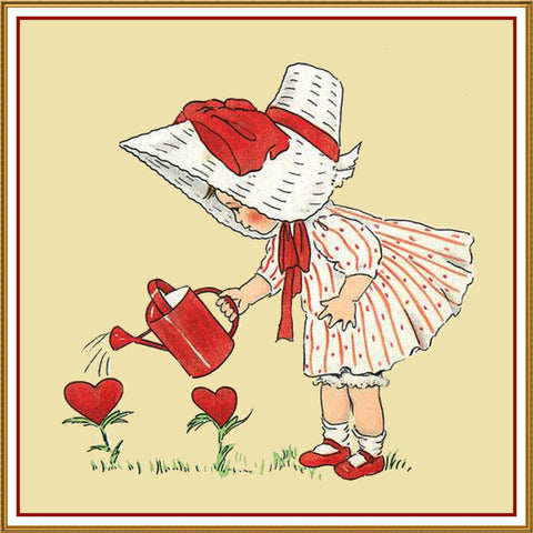 Vintage Valentine Little Bonnet Girl Watering Heart Flowers Counted Cross Stitch Pattern