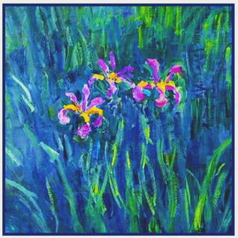 Irises Detail inspired by Claude Monet's impressionist painting Counted Cross Stitch Pattern