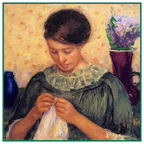 Lydia Sewing Embroidering by American Impressionist Artist Mary Cassatt Counted Cross Stitch Pattern
