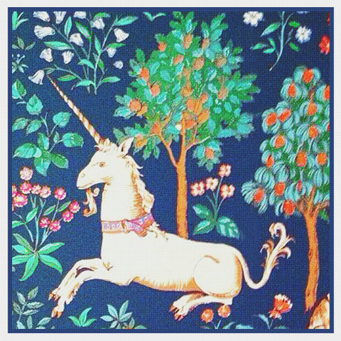 Unicorn in Captivity Teal Blue Background from The Hunt for the Unicorn Tapestries Counted Cross Stitch Pattern DIGITAL DOWNLOAD