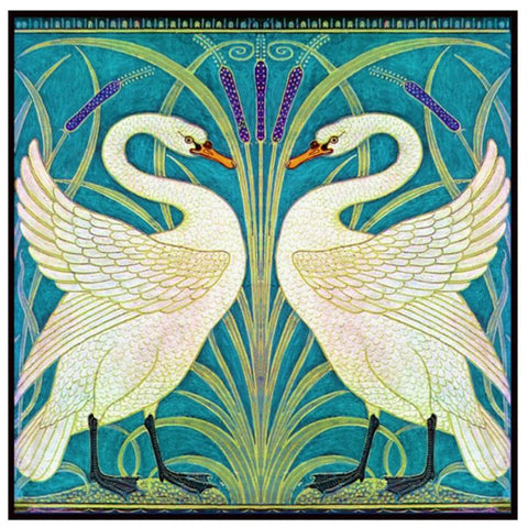 Twin Swans in Teal by Arts and Crafts Artist Walter Crane Counted Cross Stitch Pattern DIGITAL DOWNLOAD