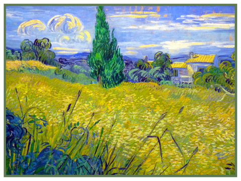 Green Wheat Field with Cypress Trees inspired by Impressionist Vincent Van Gogh's Painting Counted Cross Stitch Pattern DIGITAL DOWNLOAD