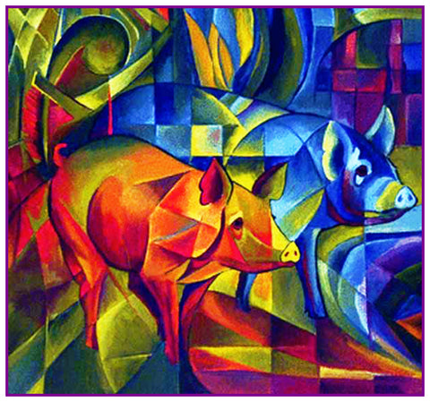 Red and Blue Piggies by Expressionist Artist Franz Marc Counted Cross Stitch Pattern