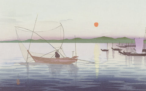 Japanese Artist Ohara (Koson) Shoson's Fishing Boats Setting Sun Counted Cross Stitch Pattern