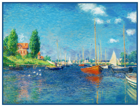 Red Boats at Argenteuil inspired by Claude Monet's impressionist painting Counted Cross Stitch Pattern