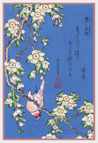 Asian Japanese Bullfinch Cherry Blossoms by Hokusai Counted Cross Stitch Pattern