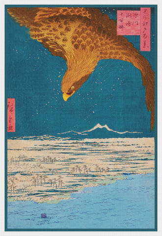 Japanese Hiroshige Bird Eagle Soars Over the Plain Counted Cross Stitch Pattern
