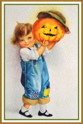 Boy in Overalls with Pumpkin Halloween Counted Cross Stitch Pattern