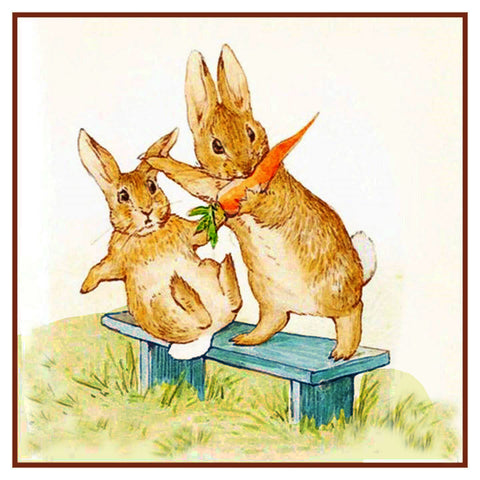 Fierce Rabbit and Friend Eat Carrots inspired by Beatrix Potter Counted Cross Stitch Pattern