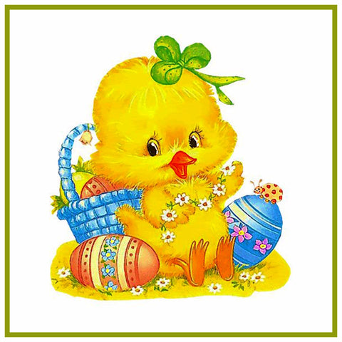 Contemporary Baby Chick Green Bow and Decorated Easter Eggs Counted Cross Stitch Pattern