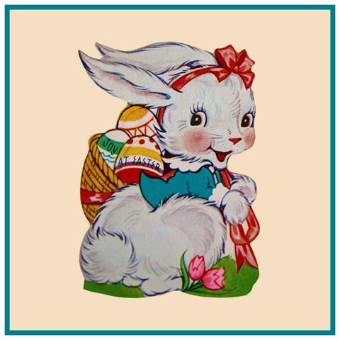 Vintage Bunny in Pink Bow with Basket of Decorated Easter Eggs Counted Cross Stitch Pattern DIGITAL DOWNLOAD